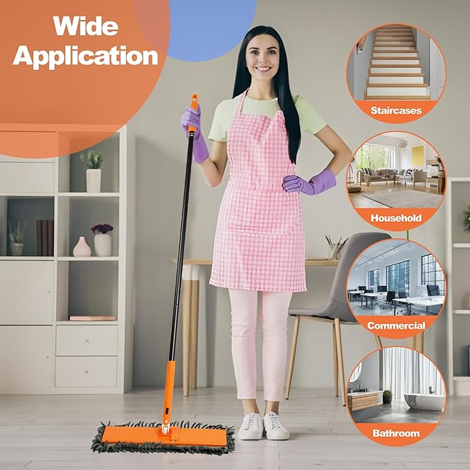 JEHONN Dust Mop for Hardwood Floors, Broom Duster with Unique 90° Foldable Panel, 2 Chenille and 2 Microfiber Pads, Dry Wet Flat Dustmop for Cleaning Vinyl, Laminate, Tile, Marble (Orange)