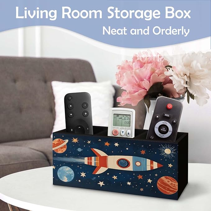 SNNDER Outer Space Pen Holder for Desk, Cosmic Rocket Planet Celestial Wooden Box Sign Desk Decor for Kids Room Home Classroom Decoration, Blue Galaxy Pencil Organizer, Space Decor for Boys Room