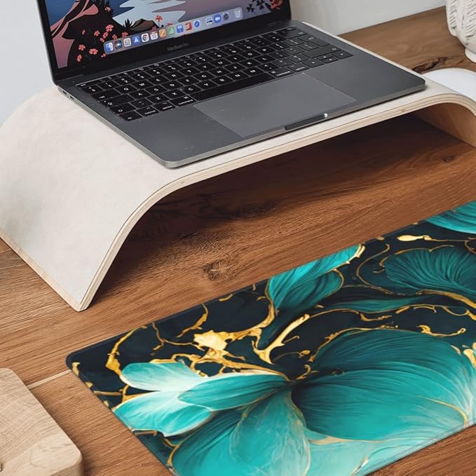 Desk Pad,Office Desk Mat 31.5"×11.8" Large Gaming Mouse Pad,Extended Computer Mouse Pad,Waterproof Thick Big Mouse Pads with Non-Slip Rubber Base Office Home Blue Gold Marble Flower