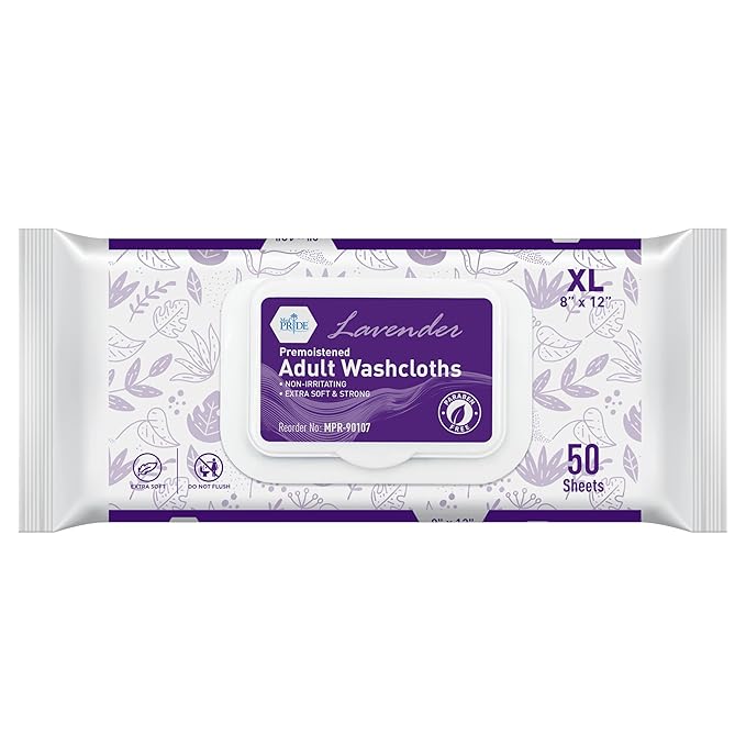 MED PRIDE Premoistened Disposable Washcloths for Adults 8 X 12 in | Ultra-Soft, Paraben-Free, No-Rinse | Lavender Scent | Pack of 600