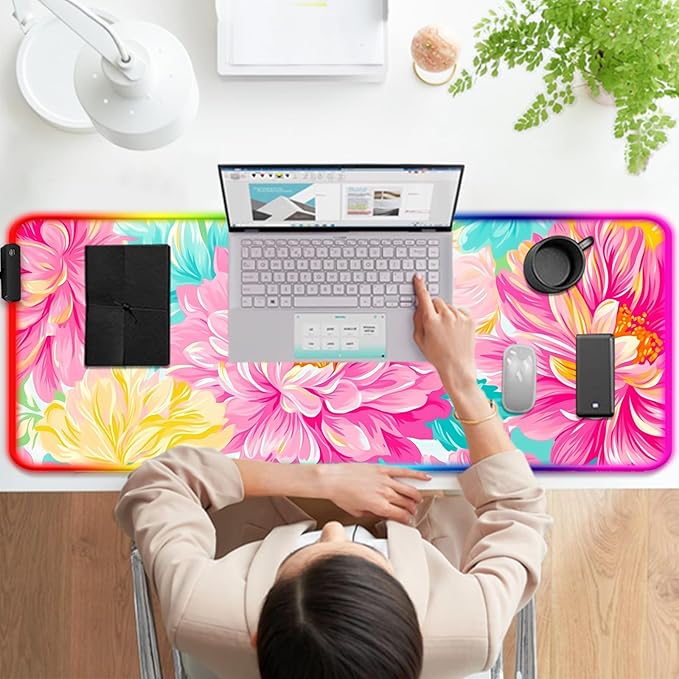 RGB Pink Flower Gaming Desk Mat, Computer Keyboard Large Extended Long Floral LED Mouse Pad for Office and Home, XL (W29)