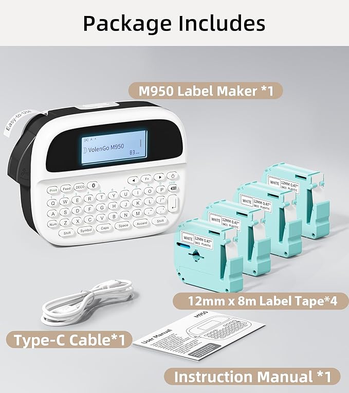 M950 Label Maker Machine with 4 Tapes, Rechargeable Backlit Labeler, Inkless Bluetooth Labeling Machine, Handheld Label Printer Bundle for Home Kitchen Food Labels