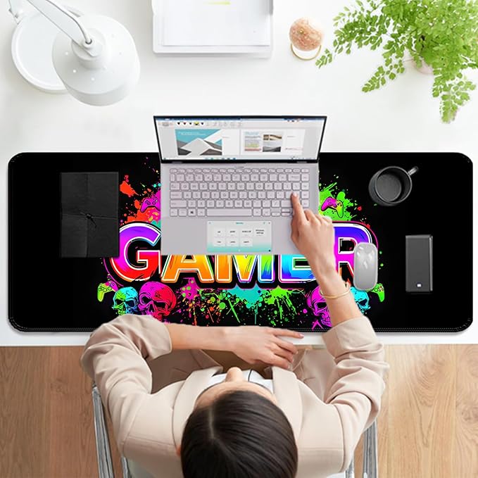 Retro Black Gamer Gaming Desk Mat, Computer Keyboard Large Extended Long Mouse Pad for Office and Home, XL (W21)