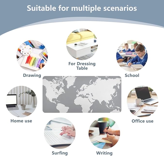 Mouse Pad Desk Mat Leather Desk Pad Large Gaming Desk Cover Protector Mat for Keyboard Computer Laptop Office Waterproof 35.4 x 16.5 Inch World Map Grey