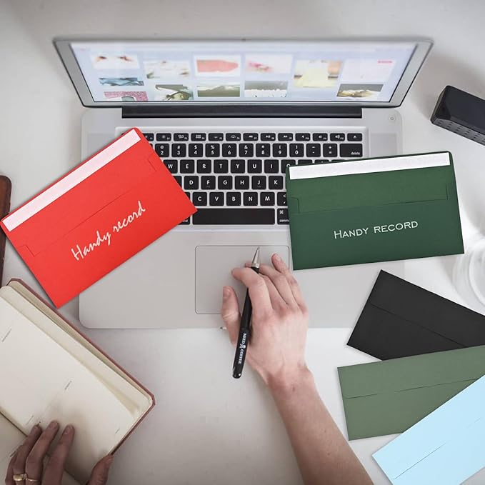 Business envelopes, green envelopes, standard self-sealing envelopes (personal and business), checks, letters, invoices (41/8x9/2 inches)