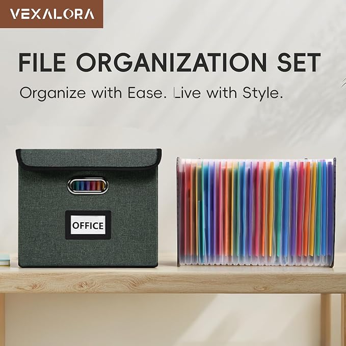 File Organizer Box with Folder, 25 Pockets Accordion File Organizer with Colored Labels, Upgraded & Portable File Folders for Home, Office, School, Dark Grey