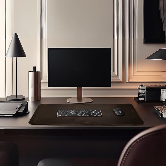 LEATHER VILLAGE -32X16 Real Leather Desk Mat for Desktop & Laptop, with Leather Tray & Tea Coaster, 3mm Thick Desk Cover-Protector-Blotter- Brown Color