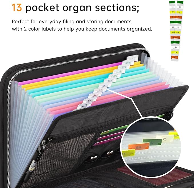 Tamfile Fireproof Accordion File Organizer with Handle, 13 Pocket Transparent Expanding File Folder with Zipper & Labels, File Folder with Multi-Pockets Paper Organizer Folder for Letter A4 Files