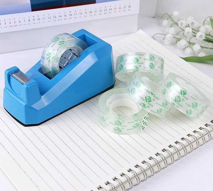 BOMEI PACK Transparent Tape Dispensers Desk, 1 Pack Blue with 12Rolls Transparent Tape, 1 Inch Core, for Gift Wrapping, School, Office and Home