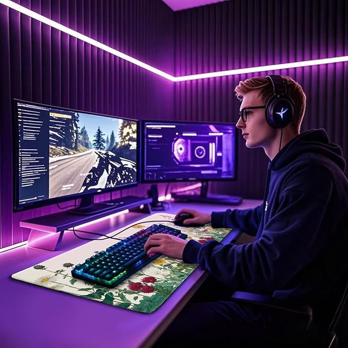 Wildflower Garden Large Gaming Mouse Pad 31.5"x15.7"| XXL Desk Mat, Non-Slip Rubber Base & Stitched Edges - Extended Waterproof Mousepad for PC/Laptop/Office/Home Decor