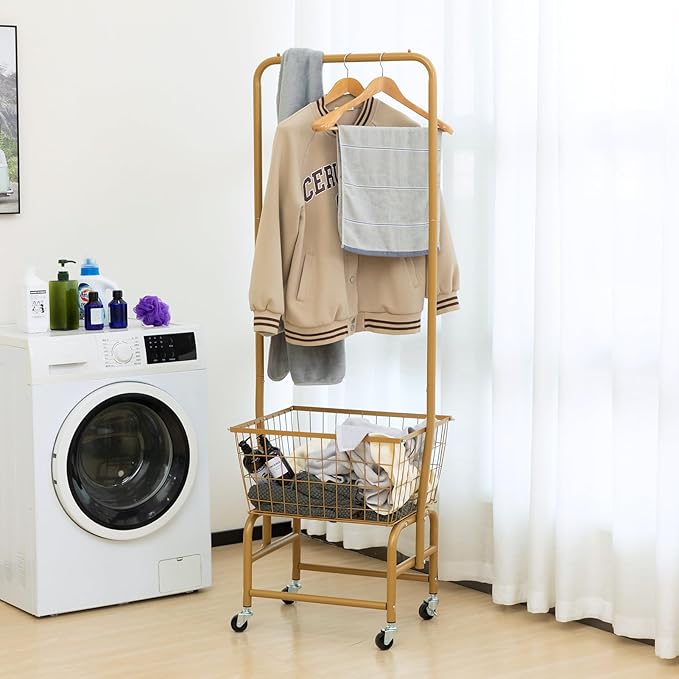 ALIMORDEN Laundry Cart with Clothes Rack, Rolling Laundry Butler with Wire Storage Rack,Gold