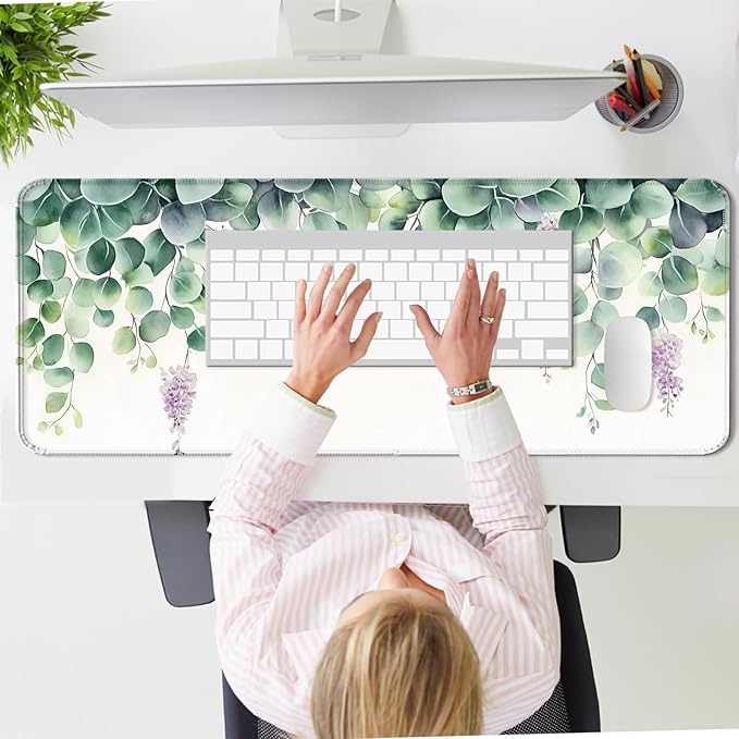 Watercolor Green Leaf Gaming Desk Mat, Extended Large Minimalist Aesthetic Mouse Pad, Computer Keyboard Laptop Mousepad for Work, Office and Home, XL