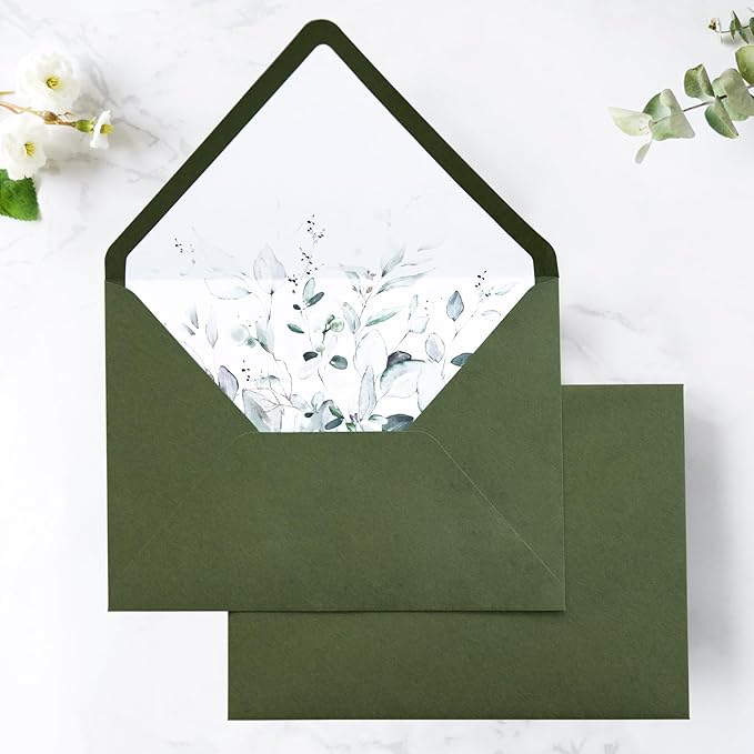 PONATIA 50PCS A7 Euro Flap Envelope, 5.25 x 7.25'' Olive Green Flowers Liner Envelopes for Wedding Invitations, Photos, Postcards, Greeting Cards, Christmas Gift, Acrylic Mailing, 5 x 7 Envelopes
