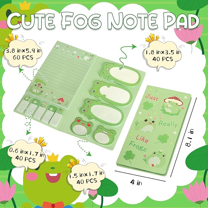 I Just Really Like Frogs Sticky Notes Set, Cute Sticky Notepads Cartoon Frogs Self-Stick Notes Pads Animal Sticky Notes Divider Tabs Writing Memo Pads for Frog Lovers Office School Supplies
