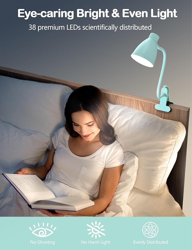BOHON Desk Lamp with Clamp, 10W 38 LED Clip on Light, 5 Color 10 Brightness Auto Off Timer, Flexible Gooseneck Clip Lamp, Desk Lights for Office Home Bed Bedside Reading, Adapter Include, Teal