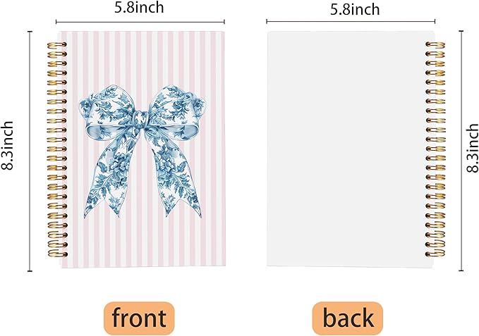 Chinoiserie Blue Floral Bow Notebook Journal, Preppy Aesthetic Journal Notebook for Note Taking Work, Girly Notebook, Preppy Stuff, Pink Striped Spiral Notebook 5.5x8.3 Inch