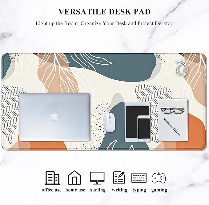 Auhoahsil Large Mouse Pad, XXL Gaming Mousepad, Desk Mat for Desktop, Thick Rubber, Big & Long Size, Stitched Edges, Full Desk Pad for Laptop & Computer, Extended 31.5 x 11.8 in, Abstract Art Leaves