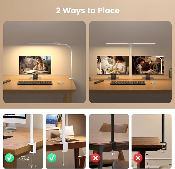 Upgraded LED Desk Lamp for Home Office with RGB, Rotatable Computer Desk Light with Remote, Eye Caring Table Lamp with Clamp, Dimmable Dual Head Desk Lighting for Desktop, 22W, White