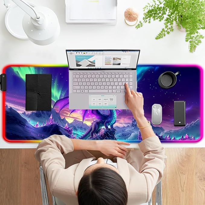 RGB Fantasy Aurora Scenery and Dragon Gaming Desk Mat, Computer Keyboard Large Extended Long LED Mouse Pad for Office and Home, XL (W06)