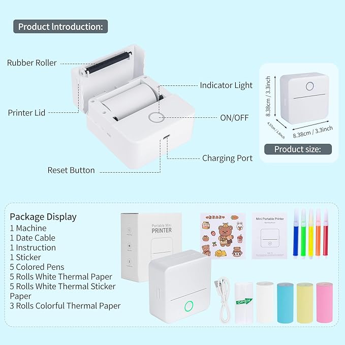 Mini Pocket Sticker Printer Wireless, Wireless Mini Portable Thermal Printers, Small Portable Stickers Printer Inkless 13 Roll Paper for iOS Android APP Pictures DIY Note Memo Gift, White