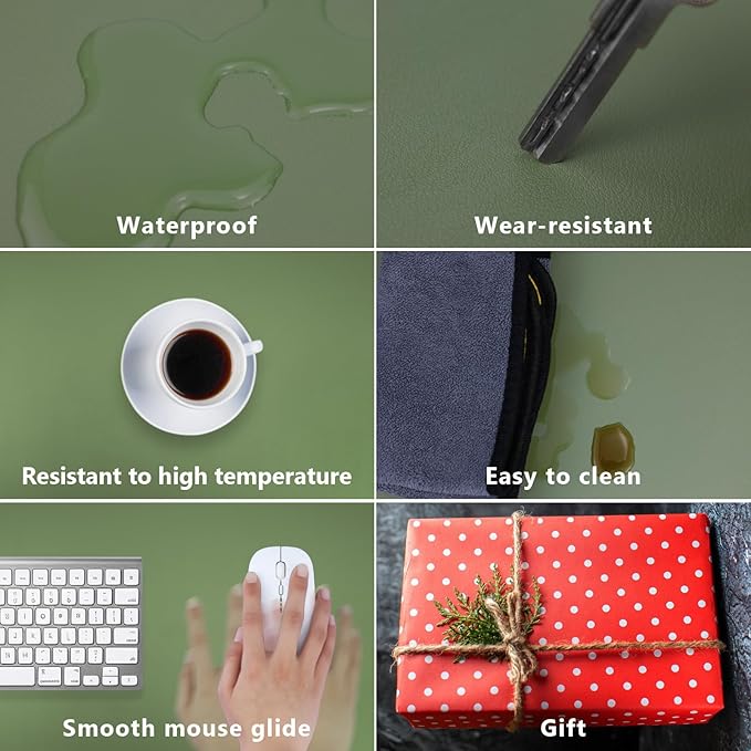 Green Desk Mat, 31.5"x15.7", PU Leather, Rectangular, Non-Slip, Large Mouse Pad, Office Desk Accessory