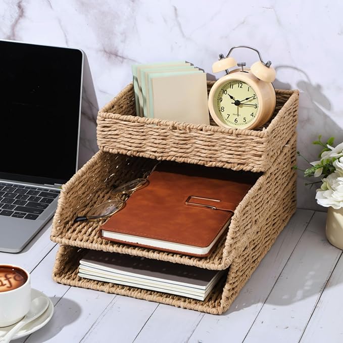 Geelin 3 Pack Woven Paper Rope Stackable Desk Organizer Letter Tray, Tabletop Desk Basket for Storage Paper Letter Folders Notebooks Copy Print, Workspace Holder, Keep Stationery Saver