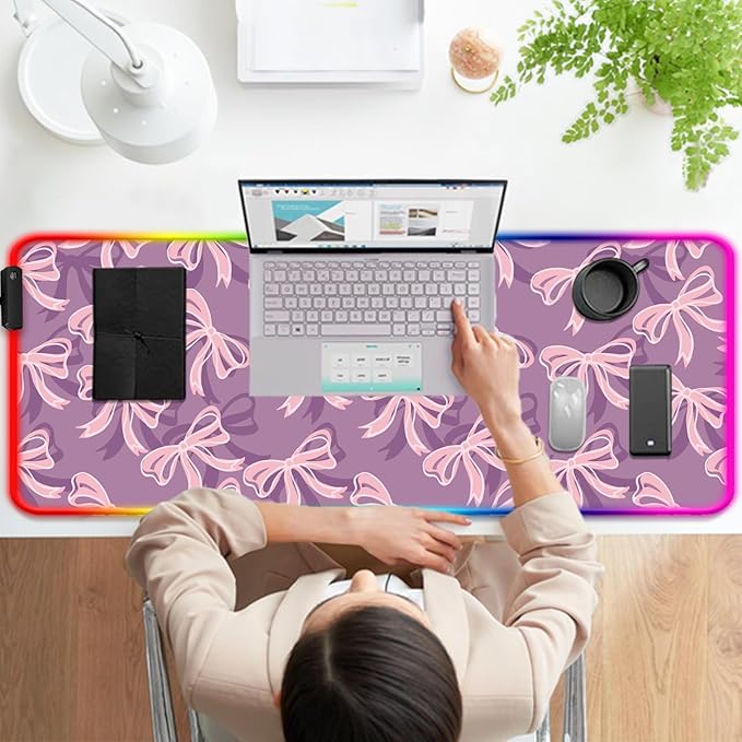 RGB Pretty Purple Bows Gaming Desk Mat, Computer Keyboard Large Extended Long Girly LED Mouse Pad for Office and Home, XL (W15)