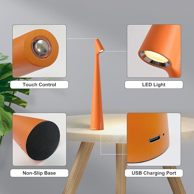 Cordless Small Table Lamps Set of 2,3 Levels Brightness Portable Desk Lamp,Rechargeable Battery Lights for Outdoor, Restaurant, Bedside, Baby Night Light(Orange)
