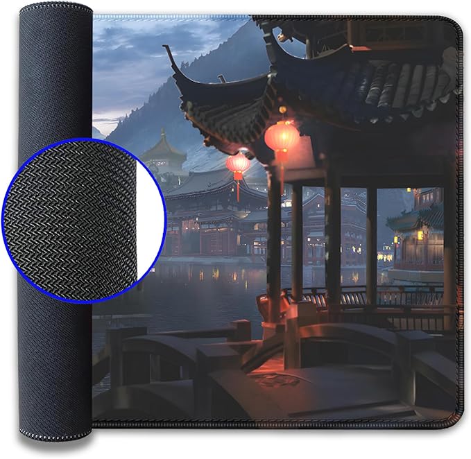 Japanese Style Ancient Pavilion Sky Mountains Extended Desk Pad Mouse Pad,Stitched Edges Non-Slip Rubber Base XL Mouse Mat Desk Mat for Office Home Work Mousepad(27.5X11.8 Inch)