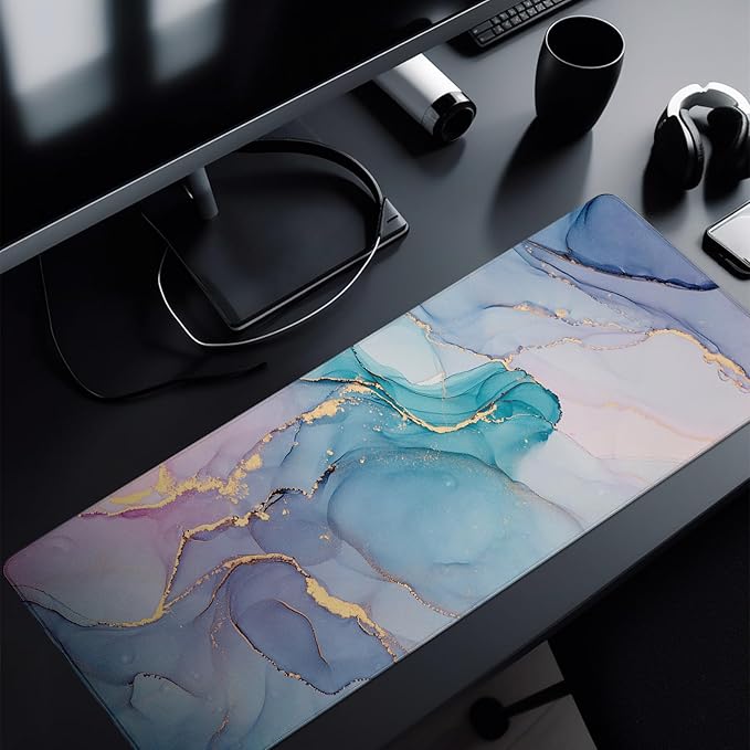 Teal Marble Mouse Pad Abstract Marble Mouse Pad 31.5x11.8 Inch Texture Non-Slip Rubber Base Large Mousepad Stitched Edges Keyboard Mouse Mat Desk Pad for Office and Home