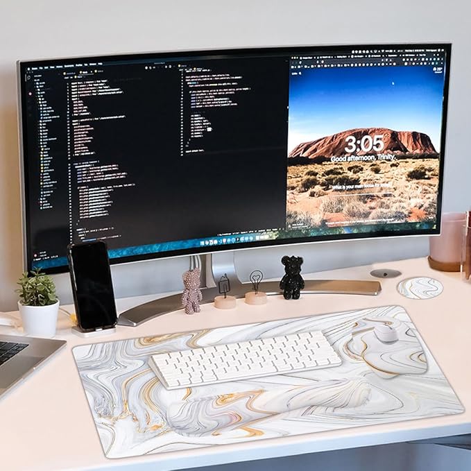 Keyboard Wrist Rest Large Mouse Pad Wrist Support for Computer, 4 in 1 Memory Foam Keyboard Pad Desk Mat Ergonomic Hand Rest Wrist Cushion for Home Office Gaming-White Marble