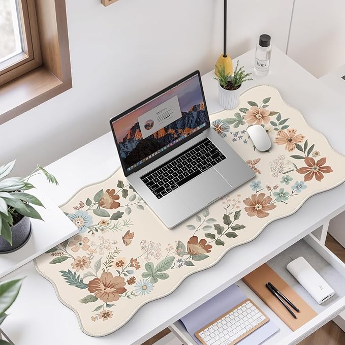 HAOCOO Scalloped Desk Matt for Desktop, Non-Slip Mouse Pad, Washable Cute Desk Pad Mat, Floral Keyboard Mat with Edge Stitching, Large Mouse Mat for Office Aesthetics, Home Decor(Beige)