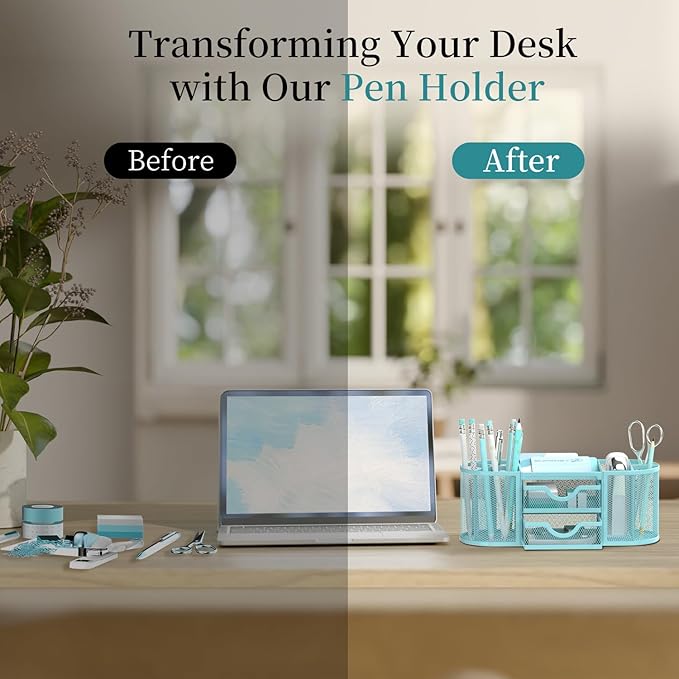 SUPEASY Mesh Desk Organizer, Desk Organizers and Accessories, Pen Holder with Drawers, Pencil Holder for Desk with 2 Drawer for Office Supplies, Blue