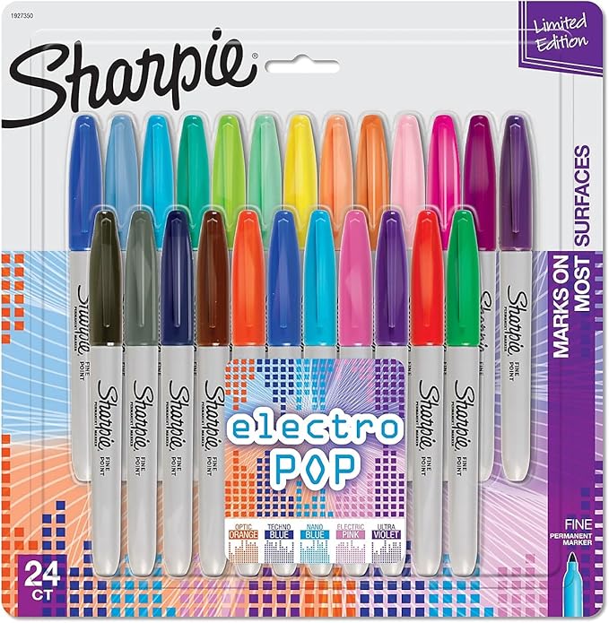 Sharpie Electro Pop Permanent Markers, Fine Tip, Marker Set, Assorted Colors, 24 Count - Coloring, Drawing, Art, Markers, Writing