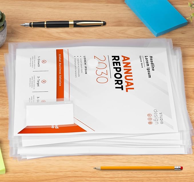 ABSOFINE 48 Pack Plastic Envelope File Folders, Transparent Folders for Documents A4 Letter Size with Label Pocket for School Home Work Office Organizer, Hook & Loop Closure, 100% Clear, Easy Storage