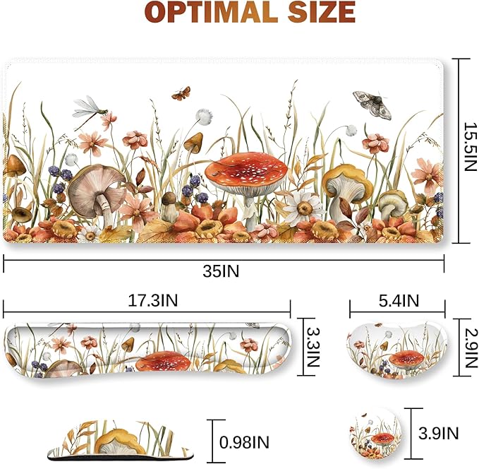 ARTSO Large Gaming Mouse Pad, Keyboard Wrist Rest Pad & Wrist Support Mousepad Set, Stitched Edge, Extended, Non-Slip Base, Memory Foam Desk Mat for Office, Home, Mushroom Plants