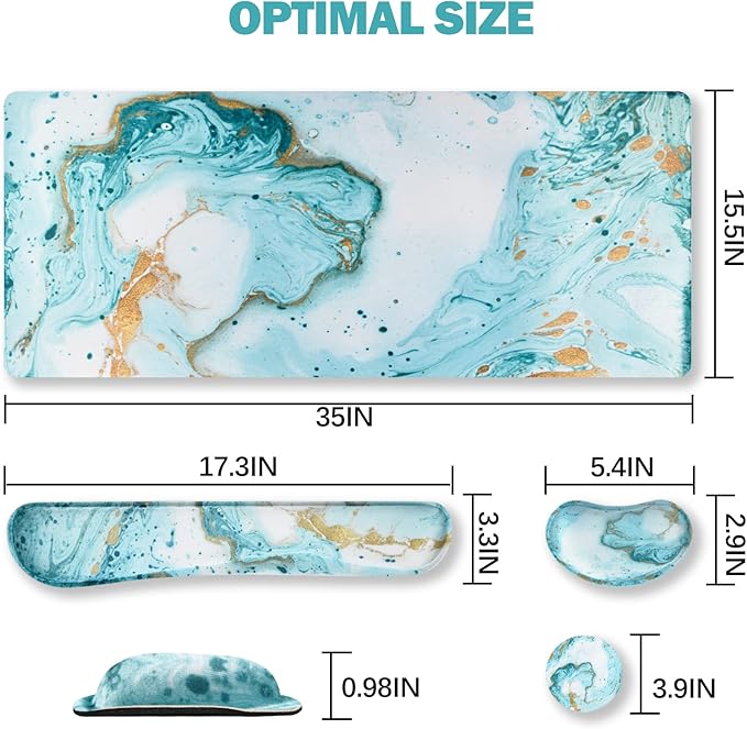 ARTSO Large Gaming Mouse Pad, Keyboard Wrist Rest Pad & Wrist Support Mousepad Set, Stitched Edge, Extended, Non-Slip Base, Memory Foam Desk Mat 4pcs for Office & Home, Teal Turqoise Marble