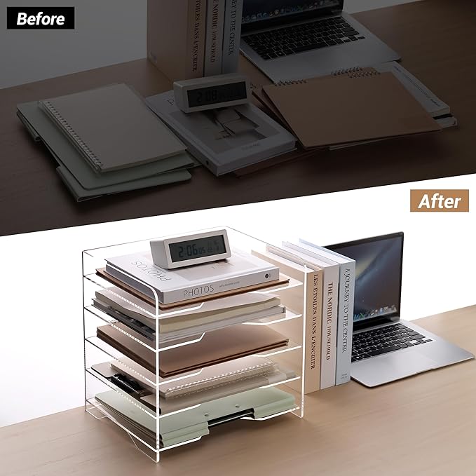 SANRUI Acrylic Desk File Organizer 5 Tier Letter Tray Paper Organizer with Handle for Office, Home, Classroom Clear Desk Organizer Document Holder