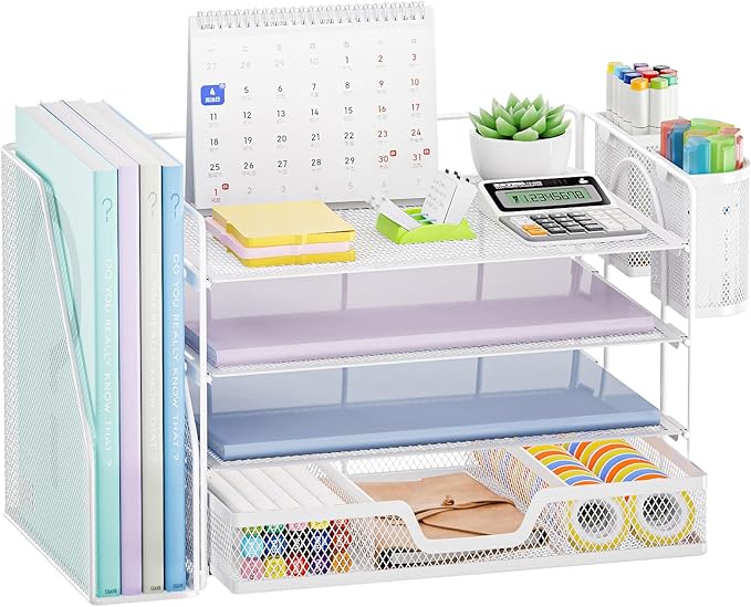 Marbrasse Desk Organizer and Accessories,4-Tier Paper Letter Tray Organizer with File Holder, Desk Accessories with Drawer and 2 Pen Holder (White, 15.4" x 9.1" x 8.3")