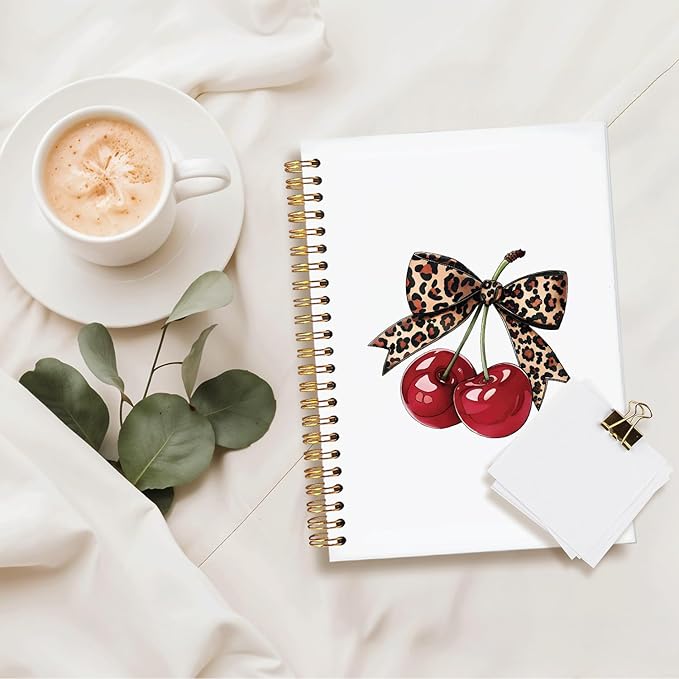 Leopard Bow Cherry Notebook Journal, Trendy Coquette Aesthetic School Supplies for Girls, Preppy Spiral Planner for Girls & Women, Cute College Ruled Notebook Gift, 5.5x8.3 Inch