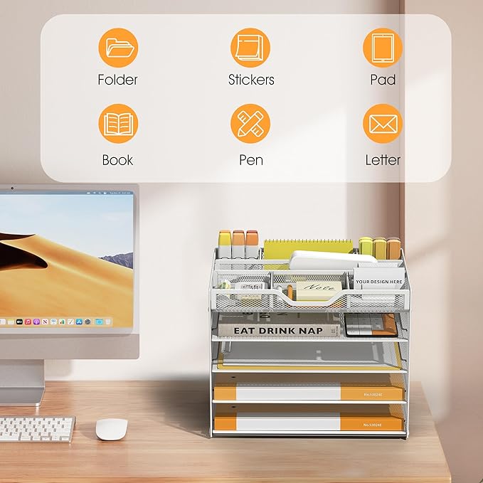 5 Tier Paper Letter Tray with 3 Drop-in Pen Holders, Mesh Desk File Organizer with Handle, Desk Organizers and Accessories for School,Home, Office Supplies Storage-White