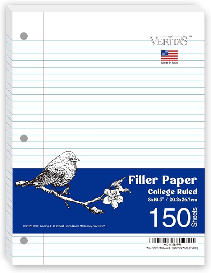 Notebook Paper College Ruled Loose Leaf Paper, Standard 8"x10-1/2",3 Hole Punched Binder Paper For 3 Ring Binder,150 Sheets/Pack, 4 Pack, White, MADE IN USA