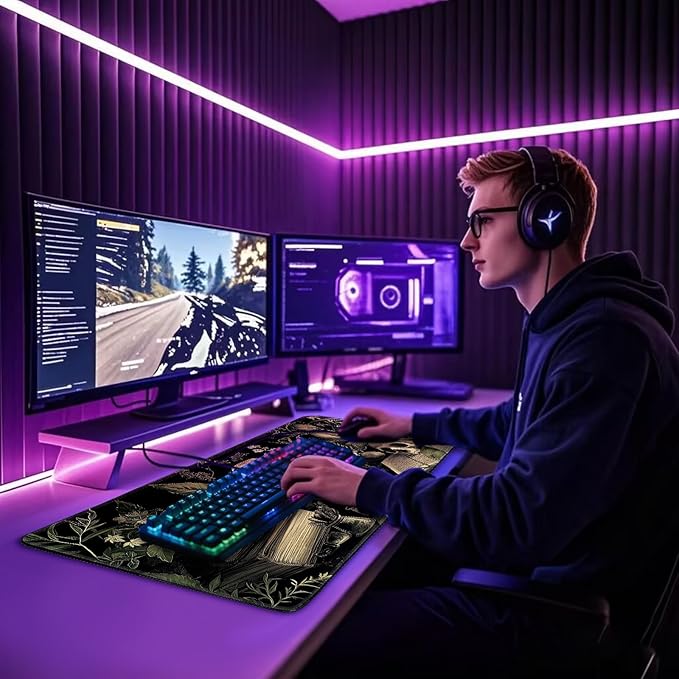Gothic Dark Botanical Large Gaming Mouse Pad 31.5"x15.7"|XXL Desk Mat, Non-Slip Rubber Base & Stitched Edges - Extended Waterproof Mousepad for PC/Laptop/Office/Home Decor