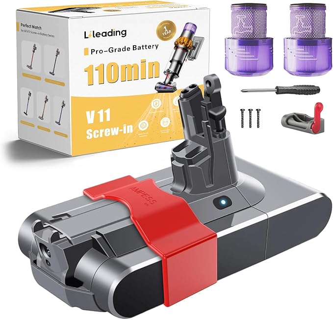 LiLeading V11 110-Min Runtime Screw Battery Replacement: with Samsung Battery Cell, Compatible with Dyson V11 Animal, Torque Drive, Models SV14, 970145-02, Includes 2 Filters, Battery Lock & Charger