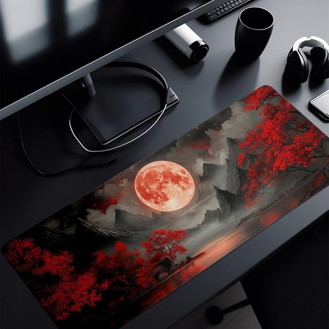 Darkness Red Moon Mouse Pad Abstract Red Mouse Pad 31.5x11.8 Inch Texture Non-Slip Rubber Base Large Mousepad Stitched Edges Keyboard Mouse Mat Desk Pad for Office and Home