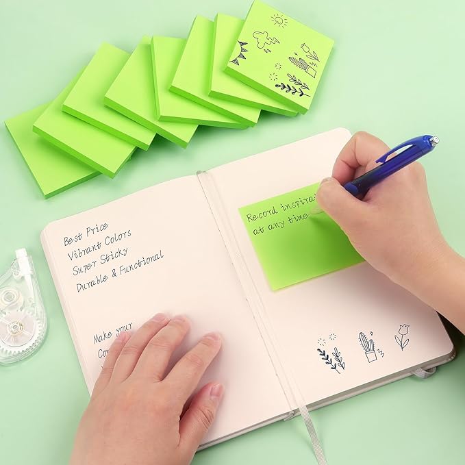 Sticky Notes 3x3 Self-Stick Notes Bright Colors Sticky Notes 8 Pads 80 Sheet/Pad (Green)