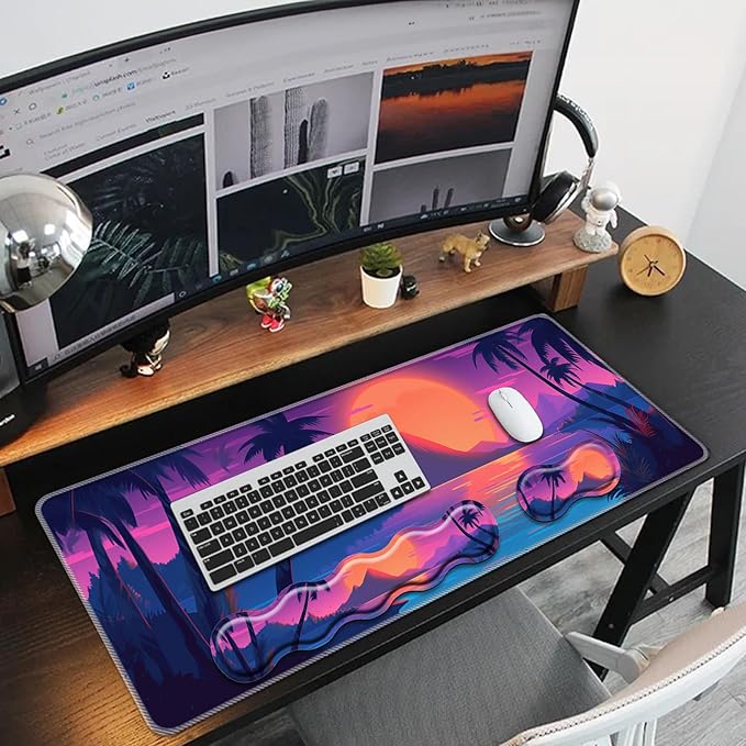 Keyboard Mouse Pad Set,Large Mouse Pad+Keyboard Wrist Rest+Wrist Support+Coaster,31.5x11.8in Extended Desk Mat for Computer Laptop Office Home-Sunset Beach Palm Trees