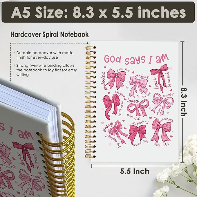 Coquette Pink Bow Notebook Journals, God Says I am Christian Notebook Journal for Women, Bible Notebooks for Note Taking,Coquette Office Supplies Hardcover Spiral Notebook 5.5x8.3