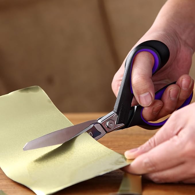 LIVINGO Industrial Scissors all Purpose: 9" Professional Heavy Duty Shears Sharp Stainless Steel - Forged Titanium Coated Scissors for Fabric Sewing Carpet Workshop Outdoor Home Office Purple/Black