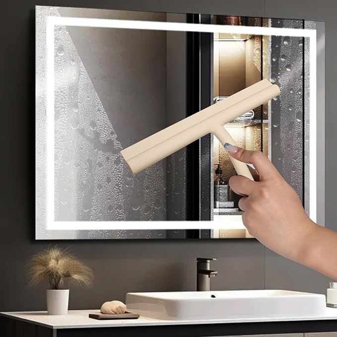 DEOFUXT Shower Squeegee for Glass Doors, Full Silicone Jacketed Squeegee with Ergonomic Handle & No-Drill Hook, Cleaning Tool for Windows, Mirrors, Tiles, Bathroom & Car - Beige